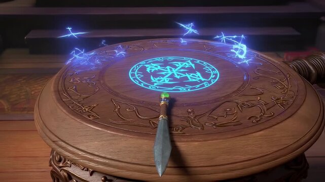 Sorcerers Staff Activates an Ancient Magic Circle with Crackling Blue Lightning.