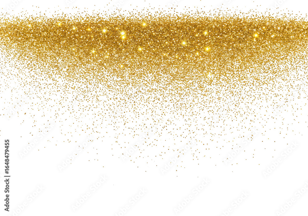 Poster golden glitter and sparkles falling from the top, isolated on a transparent background, creating a f