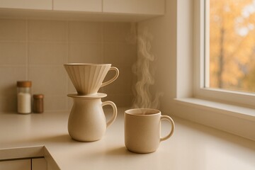 Steaming Coffee Cup and Pour-Over Coffee Maker on Countertop