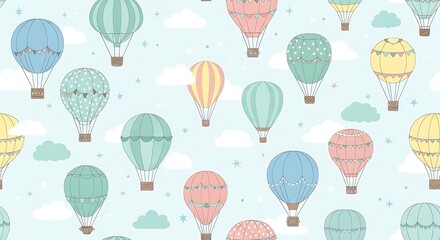 Whimsical vintage air balloons floating among pastel clouds and scattered tiny stars pattern