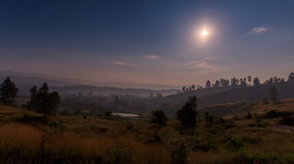 Obraz premium A sunlit vista of rolling hills and a valley below.