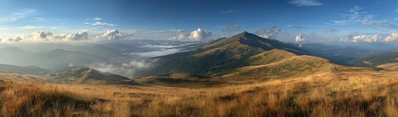 Obraz premium Panoramic mountain vista, golden grasses, and hazy valleys
