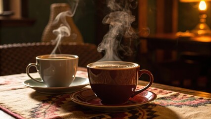 Fototapeta premium Two steaming coffee cups on a table with warm lighting and cozy ambiance.