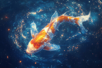 Surreal digital painting of a koi fish in a starfield