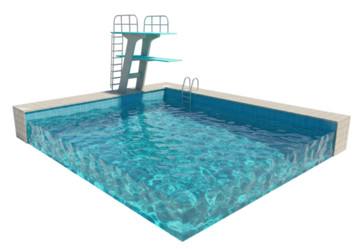 Isolated 3D Render of a Swimming Pool with Diving Board, Summer and Recreation Activity