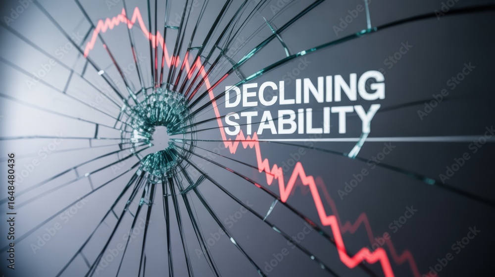 Poster stock market visual metaphor concept. shattered glass with a graph and text depicting declining stab