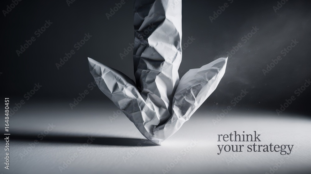 Poster stock market visual metaphor concept. a crumpled paper arrow points down with a motivational message