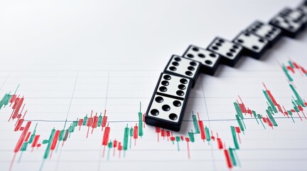 stock market visual metaphor concept. Dominoes arranged over a financial chart, symbolizing risk and strategy in business.
