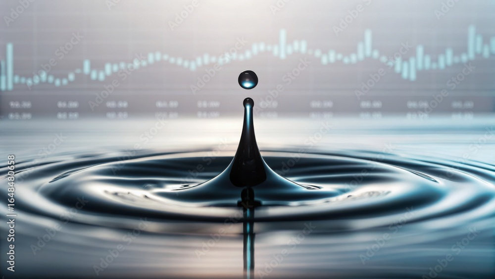 Poster stock market visual metaphor concept. water droplet creating ripples with a financial graph in the b