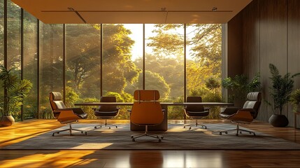 Fototapeta premium Sunlit executive boardroom blending modern design with nature. An empty office meeting space featuring large windows and a forest view.