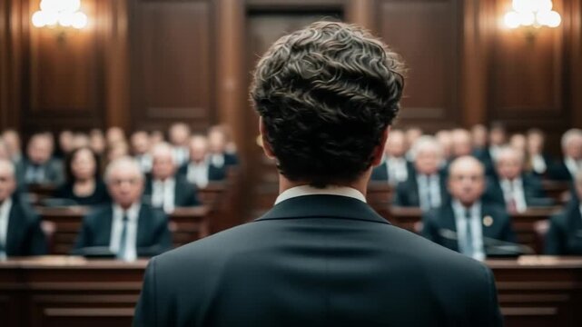 Overtheshoulder view of a young professional addressing a serious audience in a grand woodpaneled courtroom or government chamber.