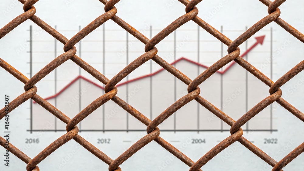 Poster stock market visual metaphor concept. graph behind a fence symbolizes barriers to growth and progres
