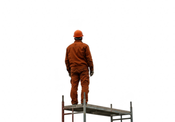 A construction worker in an orange suit and helmet stands on scaffolding, looking out from a high vantage point, isolated on transparent background