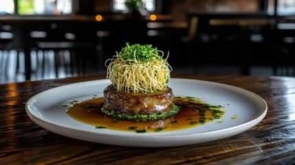A plate of osso buco with gremolata flying, freeze motion, balanced composition, warm tones, copy space, advertising background