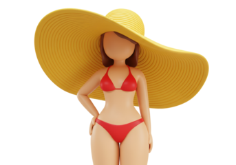 Isolated 3D Rendered Woman in Red Bikini and Large Yellow Sun Hat on White Background