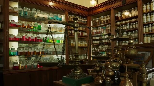 Cinematic Pan Through a Historic Apothecary Shop Filled with Antique Jars and Potions.