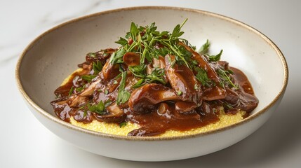 A flying bowl of polenta with mushrooms, freeze motion, balanced composition, earthy tones, copy space, advertising background