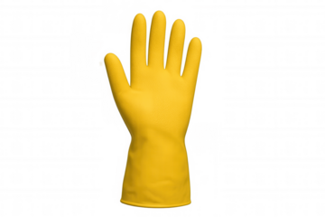 Yellow rubber glove with five extended fingers, isolated on a transparent background, ready for cleaning or dishwashing tasks