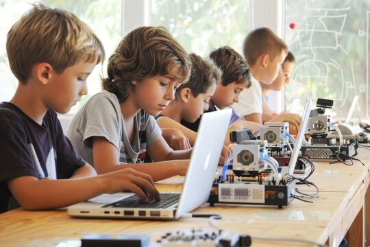 Young students engage in robotics and programming activities in a bright classroom setting during a summer camp - Powered by Adobe