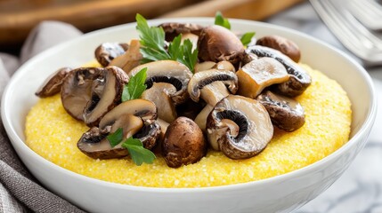 A flying bowl of polenta with mushrooms, freeze motion, balanced composition, earthy tones, copy space, advertising background