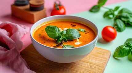 A flying bowl of stracciatella soup, freeze motion, balanced composition, vibrant colors, copy space, advertising background