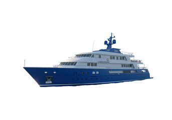 Isolated Luxurious Blue and White Superyacht or Mega Yacht on White Background