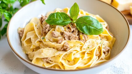 A flying bowl of pappardelle al cinghiale, freeze motion, balanced composition, warm tones, copy space, advertising background