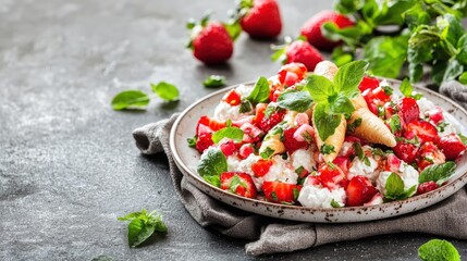 A plate of cannoli siciliani with ricotta flying, freeze motion, balanced composition, vibrant colors, copy space, advertising background