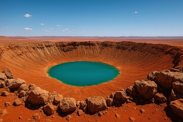 Vast Meteor Crater with Turquoise Lake Under Blue Sky