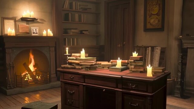 Flickering Candlelight Illuminates a Cozy Antique Study with a Warm Fireplace.