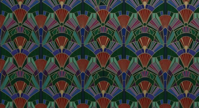 Fototapeta Art Deco Style Seamless Pattern with Fan Motifs in Emerald Green, Teal, Red and Purple