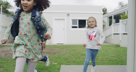 Running, friends and children with smile, outdoor or excited for game of tag or physical development. Chasing, girl and gross motor skills for kids, growth and playing together for fun at home