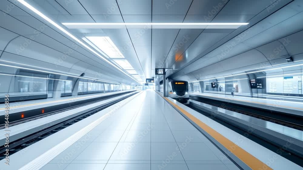 Poster white train moving on station platform in subway with geometric architecture and blurry motion effec
