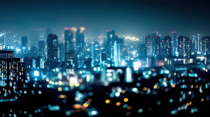 Fototapeta premium A stunning night cityscape featuring towering skyscrapers illuminated by vibrant lights,