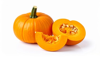 A vibrant orange pumpkin with a sliced section revealing its seeds and pulp, perfect for autumn decorations and culinary uses.
