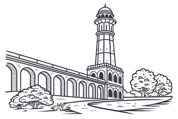 Obraz premium Line art of a minar with arches and trees around