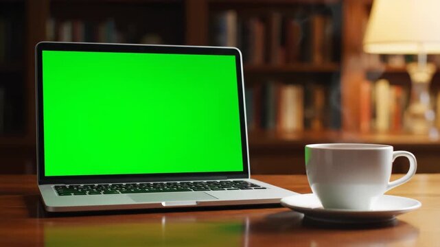 Cozy Home Office Scene: Panning View of a Green Screen Laptop and Steaming Coffee Cup on a Wooden Desk