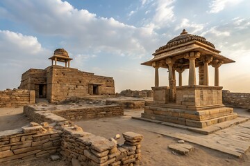 Ancient stone ruins with pavilion and cloudy sky