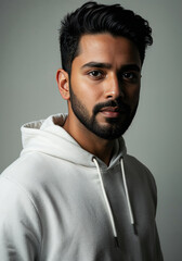 Fototapeta premium Closeup portrait of a handsome young indian man with a beard wearing a casual hoodie, looking at the camera