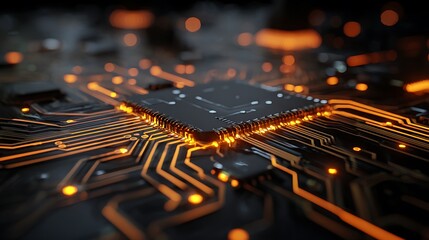 Circuit Board Showing Electronic Pathways and Connections with Orange Light