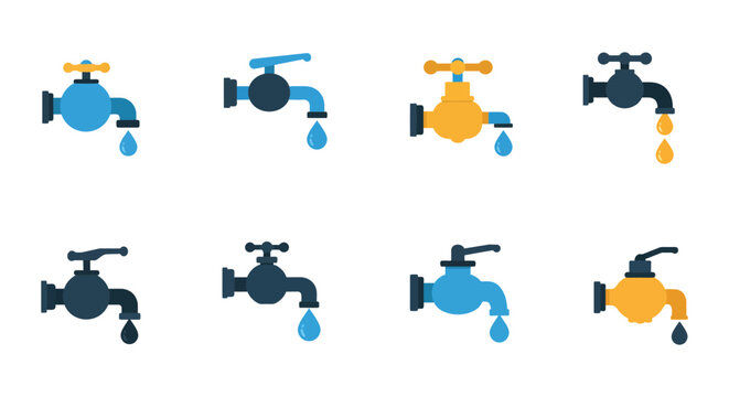 Collection of colorful water tap icons with dripping water drop vector