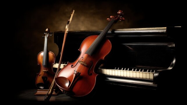 A grand piano stands elegantly with two violins placed nearby,
