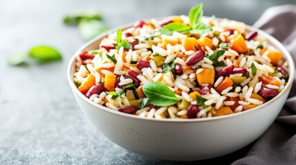 A flying bowl of risi e bisi, freeze motion, balanced composition, warm tones, copy space, advertising background