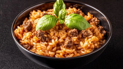 A flying bowl of risi e bisi, freeze motion, balanced composition, warm tones, copy space, advertising background