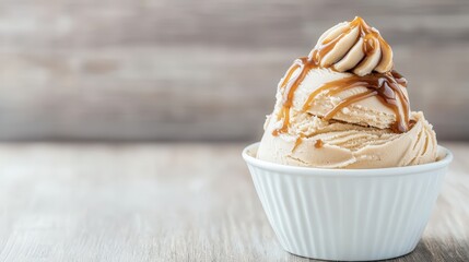 A flying bowl of semifreddo with caramel drizzle, freeze motion, balanced composition, warm tones, copy space, advertising background