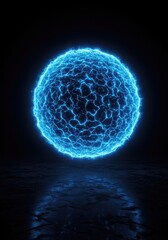 Mystical luminous blue orb emitting electric energy on dark reflective surface
