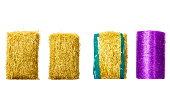Four bales of hay showing different styles of preservation and color, cut out transparent
