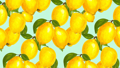 Watercolor illustration of ripe lemons with green leaves on a light blue background.