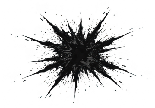 Abstract black ink splatter explosion isolated on transparent background