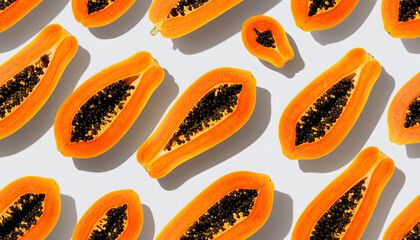 Overhead shot of several halved papayas arranged on a white surface, showcasing their vibrant orange flesh and black seeds.